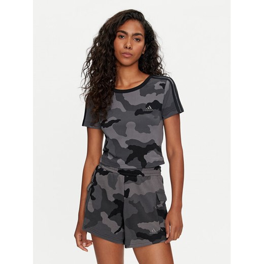 adidas T-Shirt Essentials 3-Stripes Camo Print IX3705 Szary Slim Fit ze sklepu MODIVO w kategorii Bluzki damskie - zdjęcie 182731327