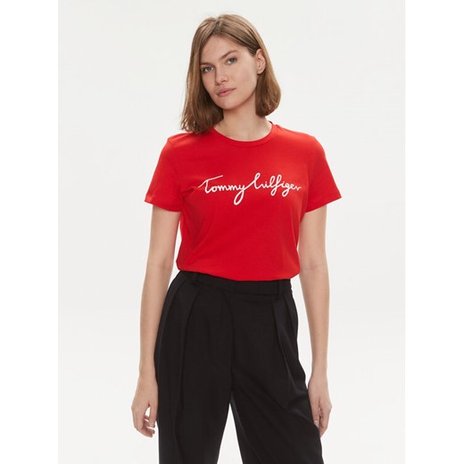 Tommy Hilfiger T-Shirt Signature WW0WW41674 Czerwony Regular Fit ze sklepu MODIVO w kategorii Bluzki damskie - zdjęcie 182732239