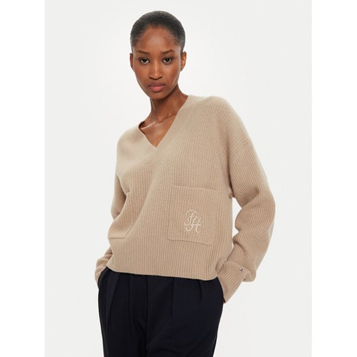 Tommy Hilfiger Sweter Script Soft WW0WW42149 Beżowy Relaxed Fit ze sklepu MODIVO w kategorii Swetry damskie - zdjęcie 182736208
