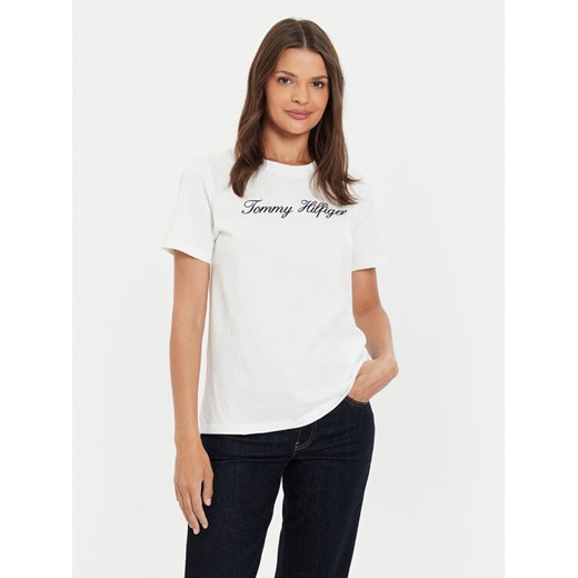 Tommy Hilfiger T-Shirt Script WW0WW43459 Écru Regular Fit ze sklepu MODIVO w kategorii Bluzki damskie - zdjęcie 182740787