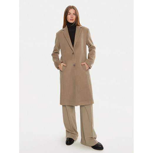 Calvin Klein Płaszcz wełniany K20K207701 Beżowy Regular Fit ze sklepu MODIVO w kategorii Płaszcze damskie - zdjęcie 182741376