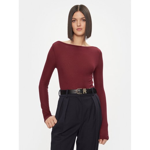 Tommy Hilfiger Bluzka Slim Soft Tencel Boat-Nk Top Ls WW0WW39788 Bordowy Slim Fit ze sklepu MODIVO w kategorii Bluzki damskie - zdjęcie 182746626