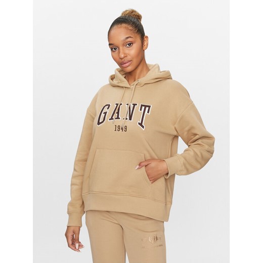 Gant Bluza Rel Logo Hoodie 4200726 Khaki Relaxed Fit ze sklepu MODIVO w kategorii Bluzy damskie - zdjęcie 182747885