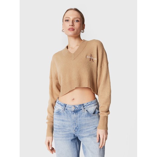 Calvin Klein Jeans Sweter J20J220525 Beżowy Relaxed Fit ze sklepu MODIVO w kategorii Swetry damskie - zdjęcie 182760118