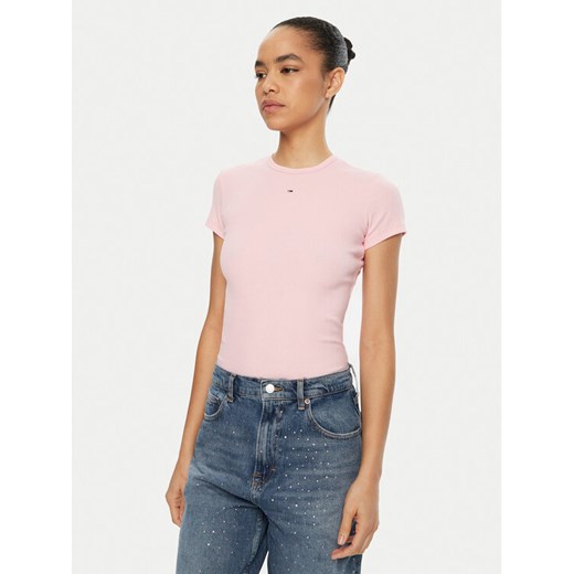 Tommy Jeans T-Shirt Essential DW0DW17383 Różowy Slim Fit ze sklepu MODIVO w kategorii Bluzki damskie - zdjęcie 182763108