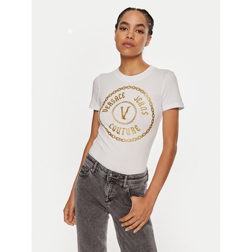 Versace Jeans Couture T-Shirt 77HAHT02 CJ03T Biały Slim Fit ze sklepu MODIVO w kategorii Bluzki damskie - zdjęcie 182763125
