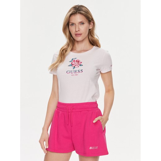 Guess T-Shirt Ss Cn Glittery Rose W4RI37 JA914 Różowy Slim Fit ze sklepu MODIVO w kategorii Bluzki damskie - zdjęcie 182766157