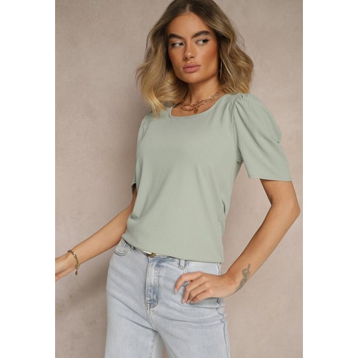 Zielony T-shirt z Prążkowanej Tkaniny z Zakładkami przy Rękawach Kolaniella ze sklepu renee.pl w kategorii Bluzki damskie - zdjęcie 183545419