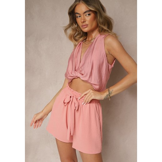 Różowe Szorty High Waist z Ozdobnym Wiązaniem i Gumką w Pasie Mevalena ze sklepu renee.pl w kategorii Szorty - zdjęcie 183545487