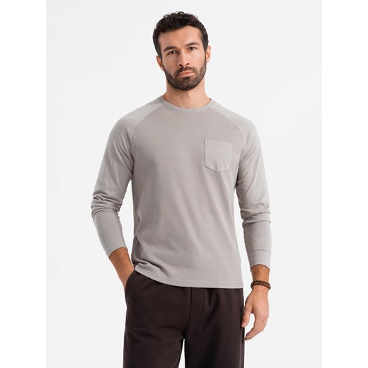 Bawełniany męski longsleeve o waflowym splocie z kieszonką – popielaty V1 OM-LSCL-0109 ze sklepu ombre w kategorii T-shirty męskie - zdjęcie 183563207