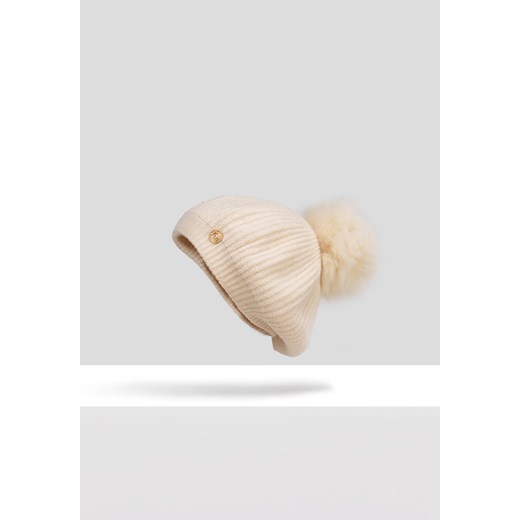 Ecru beret z naturalnym pomponem ze sklepu Molton w kategorii Czapki zimowe damskie - zdjęcie 183564866