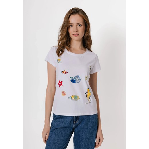 Biały bawełniany t-shirt w rybki ze sklepu Molton w kategorii Bluzki damskie - zdjęcie 183567638
