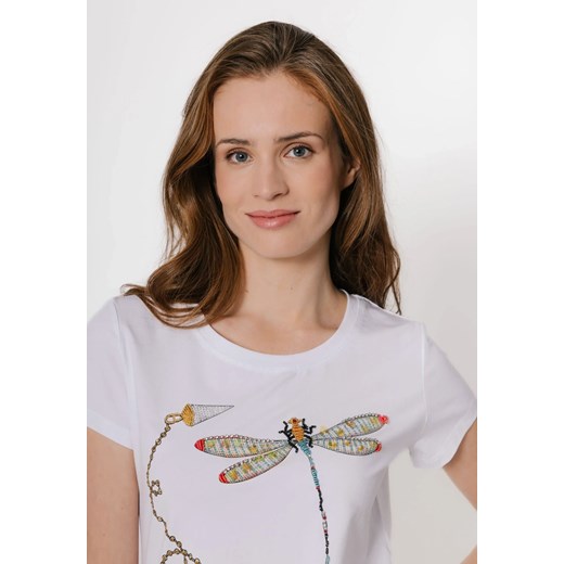 Biały t-shirt z ważką z koralików ze sklepu Molton w kategorii Bluzki damskie - zdjęcie 183568208