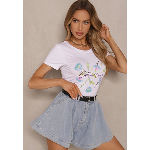 Biało-Niebieski T-shirt z Bawełny z Nadrukiem Zarive ze sklepu renee.pl w kategorii Bluzki damskie - zdjęcie 183570125