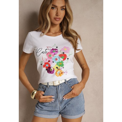 Biało-Niebieski Bawełniany T-shirt z Nadrukiem Zarinelle ze sklepu renee.pl w kategorii Bluzki damskie - zdjęcie 183570135