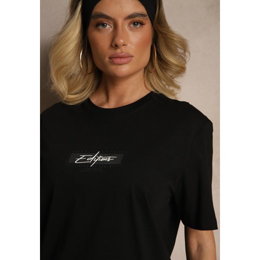 Czarna Bawełniana Koszulka T-shirt z Małym Napisem Lanivelle Renee L okazja renee.pl