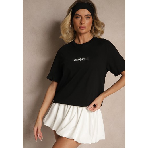 Czarna Bawełniana Koszulka T-shirt z Małym Napisem Lanivelle Renee L okazja renee.pl