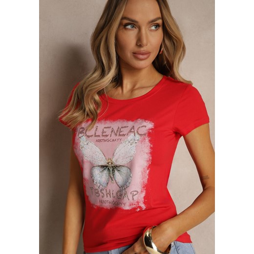 Czerwony T-shirt z Bawełny Ozdobiony Cyrkoniami i Motylem Uliadwena ze sklepu renee.pl w kategorii Bluzki damskie - zdjęcie 183572466