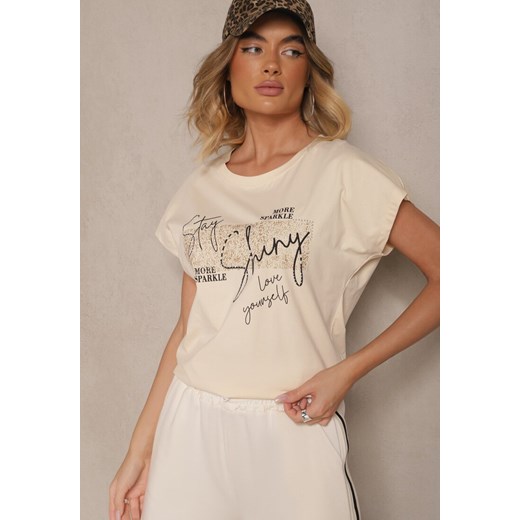 Beżowy Bawełniany T-shirt z Cyrkoniami Perłami i Rękawami Nietoperz Inellira ze sklepu renee.pl w kategorii Bluzki damskie - zdjęcie 183572477