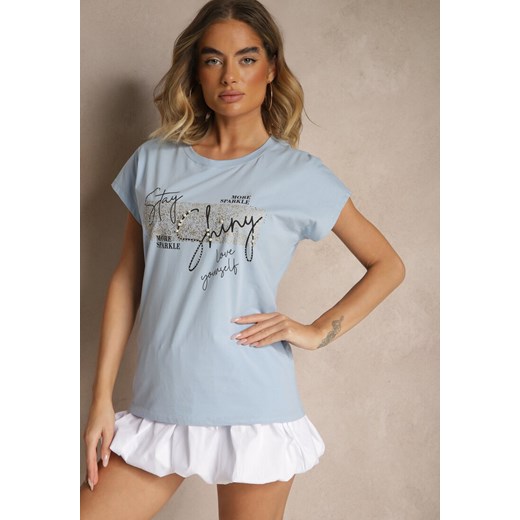 Jasnoniebieski Bawełniany T-shirt z Cyrkoniami Perłami i Rękawami Nietoperz Renee M okazja renee.pl