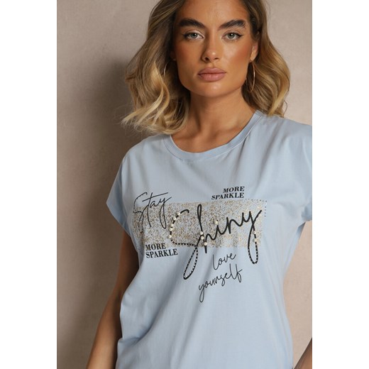 Jasnoniebieski Bawełniany T-shirt z Cyrkoniami Perłami i Rękawami Nietoperz Renee M promocja renee.pl