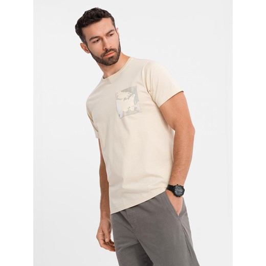 Męski bawełniany t-shirt z printowaną kieszonką  – kremowy V2 OM-TSPT-0228 ze sklepu ombre w kategorii T-shirty męskie - zdjęcie 183575138