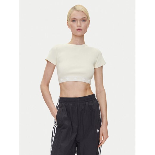 adidas T-Shirt Ribbed JD0040 Beżowy Slim Fit ze sklepu MODIVO w kategorii Bluzki damskie - zdjęcie 183578159