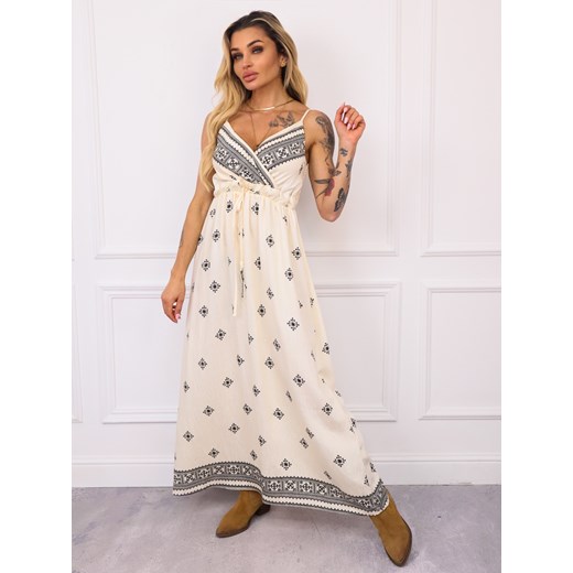 SUKIENKA MAXI WE WZORY- ECRU ze sklepu olika.com.pl w kategorii Sukienki - zdjęcie 183583558