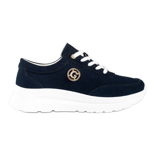 Goodin Granatowe skórzane sneakersy na platformie niebieskie ze sklepu ButyModne.pl w kategorii Buty sportowe damskie - zdjęcie 183597766