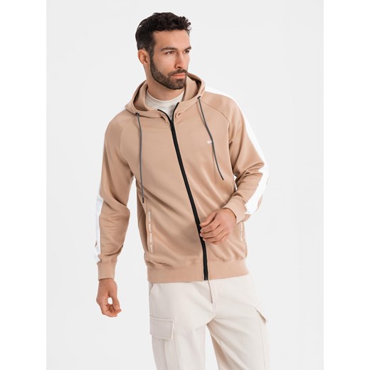 Rozpinana męska bluza z kapturem i lampasami - beżowa V4 OM-SSZP-0210 ze sklepu ombre w kategorii Bluzy męskie - zdjęcie 183616378