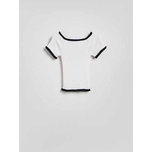 Reserved - Bluzka z ozdobną lamówką - złamana biel Reserved L Reserved