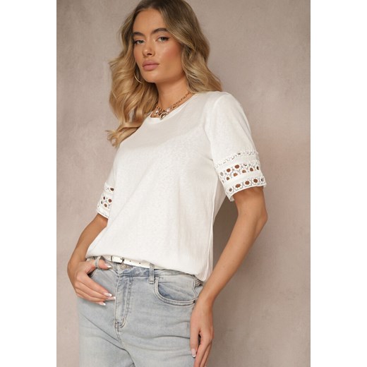 Biały Bawełniany T-shirt z Ażurowymi Rękawkami Zolreia ze sklepu renee.pl w kategorii Bluzki damskie - zdjęcie 183622645