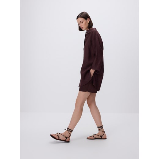 Reserved - Długa lniana koszula - ciemnobrązowy Reserved XS Reserved