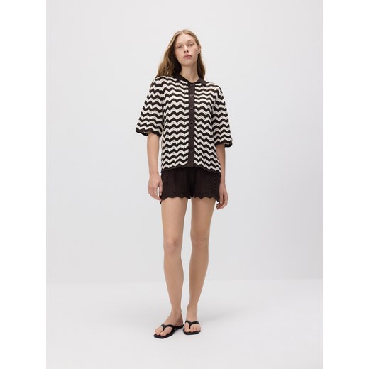 Reserved - Ażurowy kardigan z kołnierzykiem - brązowy Reserved L Reserved