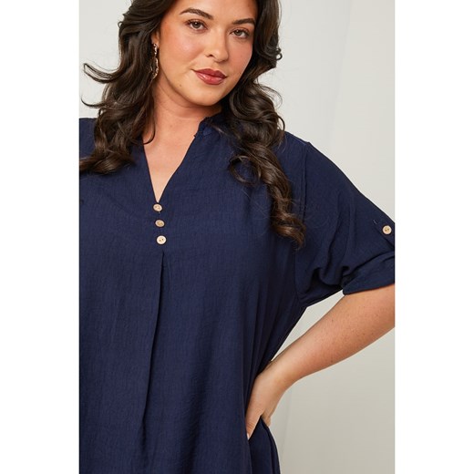 Bluzka damska granatowa Curvy Lady casual z krótkim rękawem z dekoltem v 