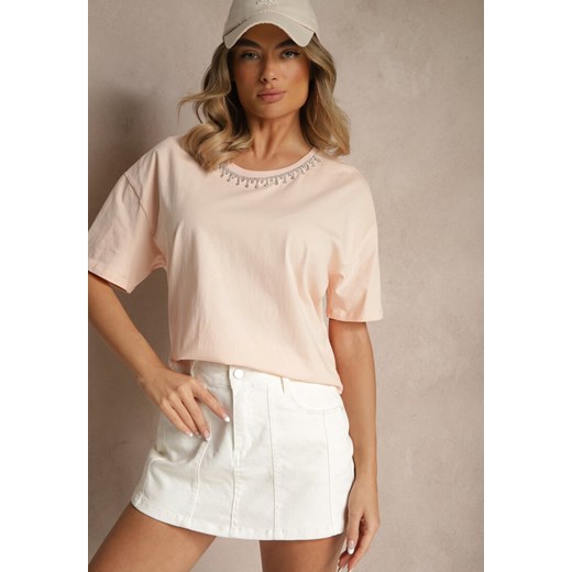 Beżowy T-shirt z Bawełny z Cyrkoniami Fadeola ze sklepu renee.pl w kategorii Bluzki damskie - zdjęcie 183643835