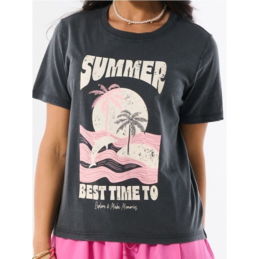 Sinsay - Bawełniana koszulka z nadrukiem wakacyjnym SUMMER - szary ze sklepu Sinsay w kategorii Bluzki damskie - zdjęcie 183647186