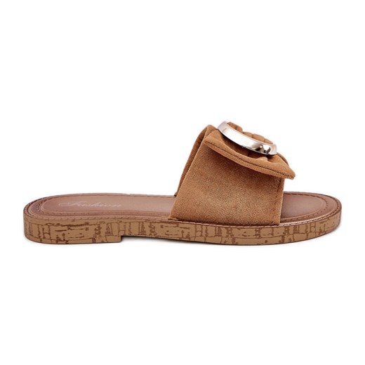 Płaskie Klapki Damskie Z Ozdobnym Detalem Camel brązowe 41 ButyModne.pl
