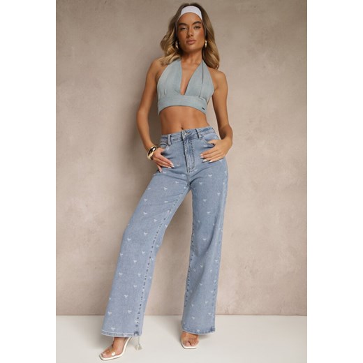 Niebieskie Jeansy High Waist z Szeroką Nogawką i Nadrukiem w Kokardki Folirela Renee S renee.pl okazyjna cena