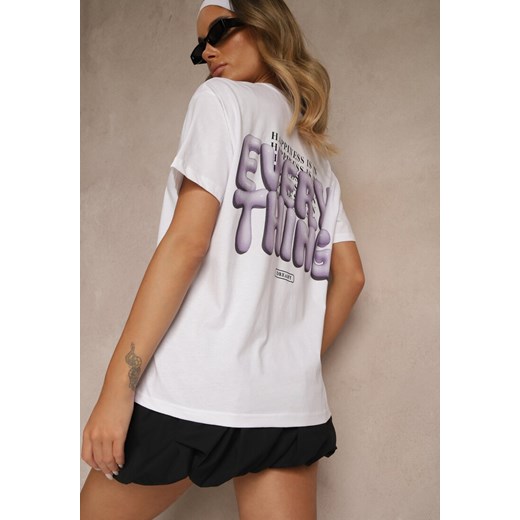 Biało-Fioletowy T-shirt z Bawełny Ozdobiony Nadrukiem Adneria ze sklepu renee.pl w kategorii Bluzki damskie - zdjęcie 183663965