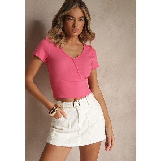 Różowy Bawełniany T-shirt z Prążkowanej Tkaniny z Dekoltem w Szpic Filaretta ze sklepu renee.pl w kategorii Bluzki damskie - zdjęcie 183663995
