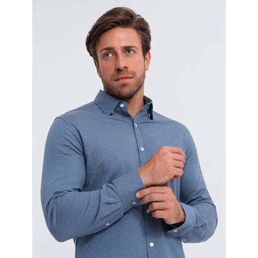 Koszula męska SLIM FIT z ozdobnej tkaniny – niebieska V1 OM-SHCS-0175 ze sklepu ombre w kategorii Koszule męskie - zdjęcie 183664446