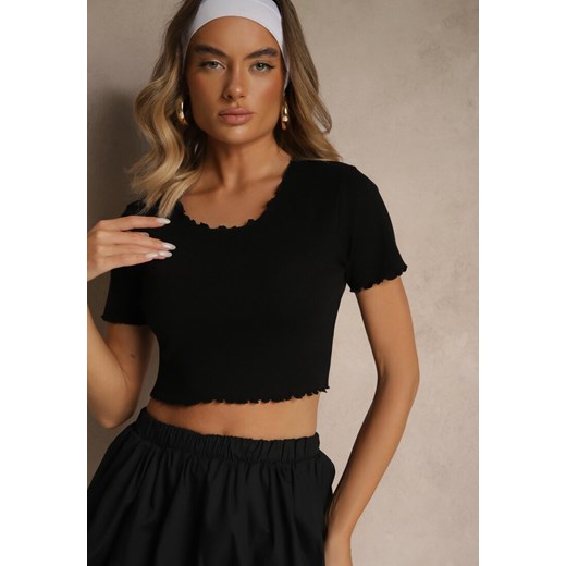 Czarny T-shirt z Bawełną z Prążkowanej Dzianiny Adlesse ze sklepu renee.pl w kategorii Bluzki damskie - zdjęcie 183665375
