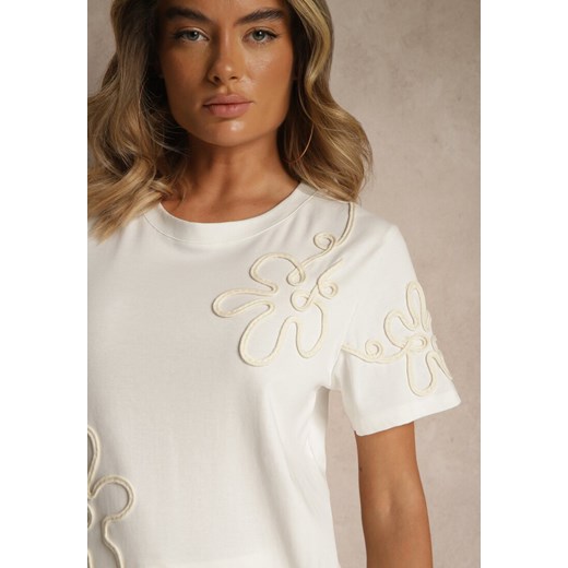 Biały T-shirt Zdobiony Aplikacjami w Kształcie Kwiatów Tilasea Renee S wyprzedaż renee.pl