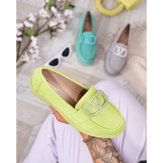 Royalfashion Limonkowe mokasyny damskie z ozdobą Fogras ze sklepu royalfashion.pl w kategorii Mokasyny damskie - zdjęcie 183671005