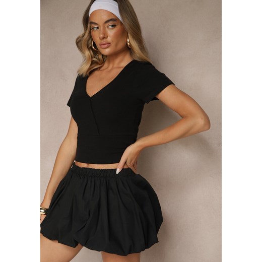 Czarny Bawełniany T-shirt z Prążkowanej Tkaniny z Dekoltem w Szpic Filaretta Renee S wyprzedaż renee.pl