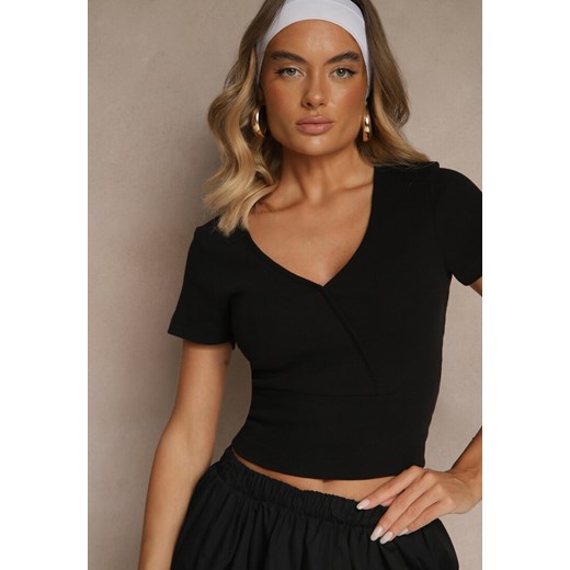 Czarny Bawełniany T-shirt z Prążkowanej Tkaniny z Dekoltem w Szpic Filaretta Renee XL okazyjna cena renee.pl