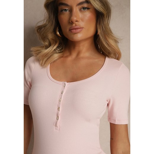 Różowy Bawełniany T-shirt Prążkowany z Guzikami Florvivi Renee S okazja renee.pl