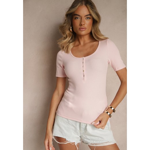 Różowy Bawełniany T-shirt Prążkowany z Guzikami Florvivi ze sklepu renee.pl w kategorii Bluzki damskie - zdjęcie 183671698