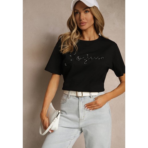 Czarny Bawełniany T-shirt Zdobiony Haftowanym Napisem z Cekinami Ulionis ze sklepu renee.pl w kategorii Bluzki damskie - zdjęcie 183673367